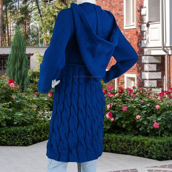 Indigo Cable Knit Hooded Sweater Dress Coat S - Picture 5 of 11